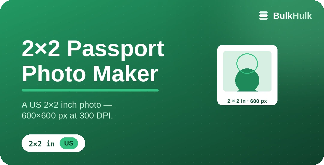 2x2 passport photo maker producing a 600 by 600 pixel US passport photo
