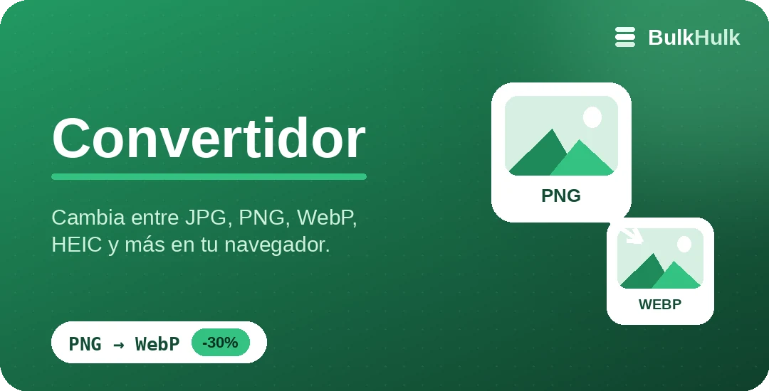 Convertidor de imágenes que cambia un PNG por un WebP más liviano — convierte JPG, PNG, WebP y HEIC online