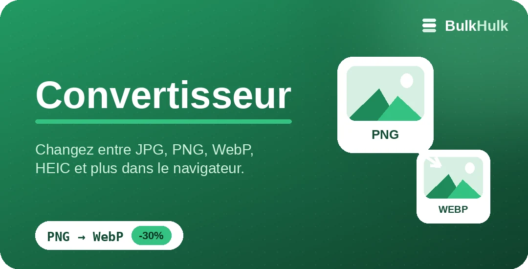 Convertisseur d’images transformant un PNG en WebP plus léger — convertir JPG, PNG, WebP et HEIC en ligne