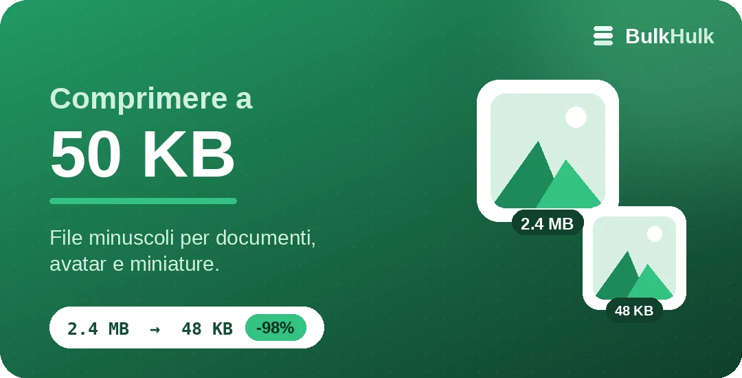 Compressione di immagini a 50 KB per moduli e documenti — strumento online gratis