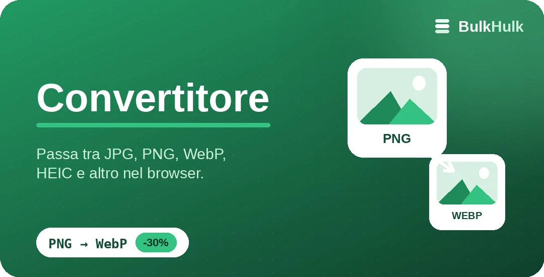 Convertitore di immagini che trasforma un PNG in un WebP più leggero — convertire JPG, PNG, WebP e HEIC online